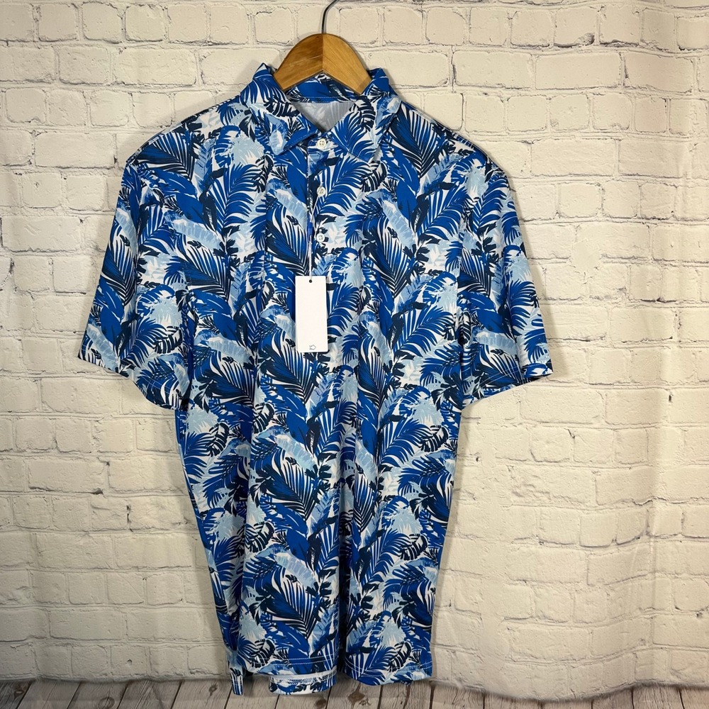 Southern Tide Mens Driver Paradise Palms Polo Blue White Tropical Floral 10926 M